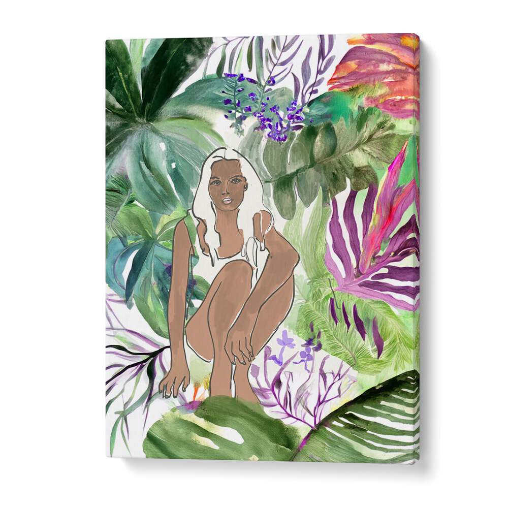 Vibrant SUDDEN SHIFT, PORTRAITS artwork featuring a figure surrounded by lush foliage, showcasing expressive artistry.