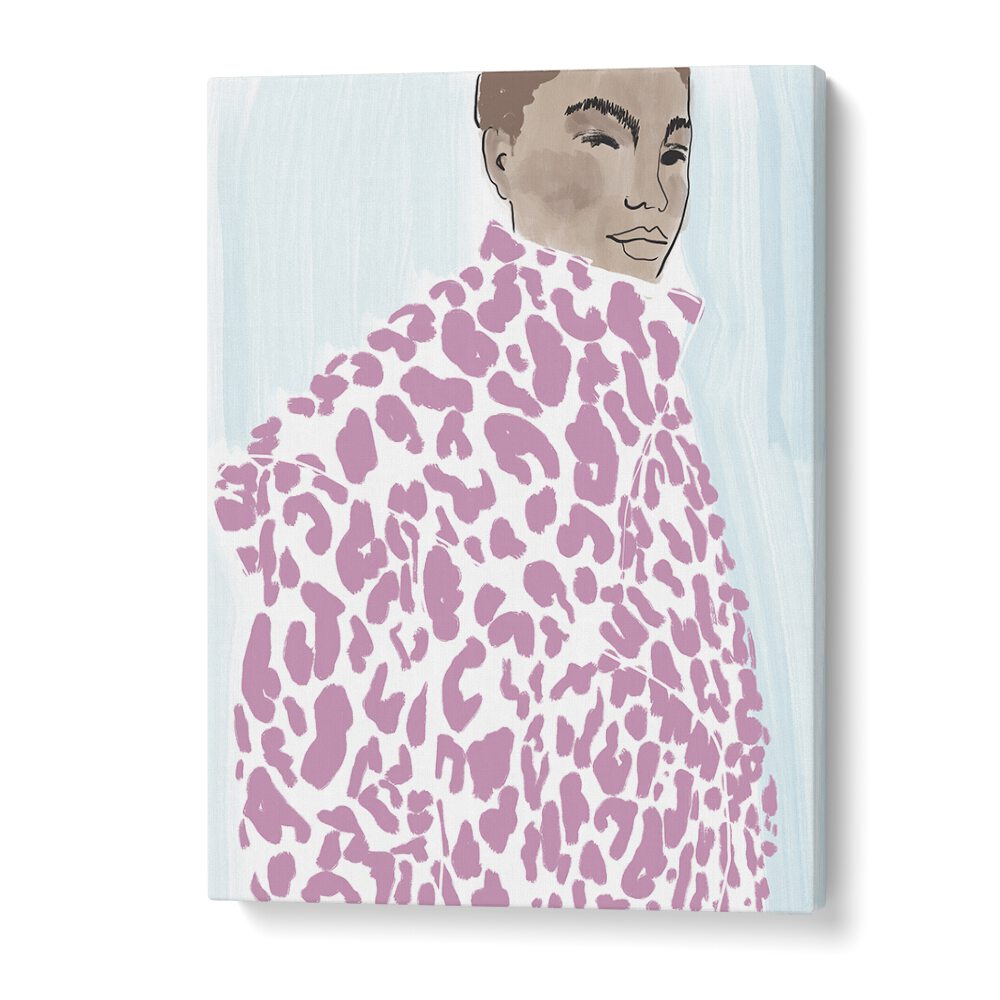 Vibrant illustration featuring a model in a stylish pink coat, showcasing PINK COAT, PORTRAITS artistry.