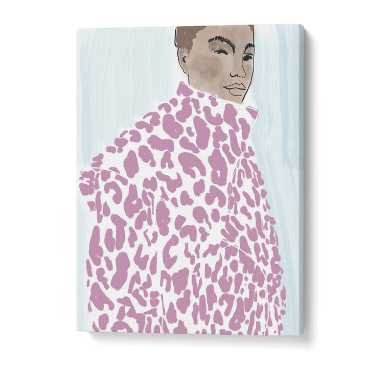 Vibrant illustration featuring a model in a stylish pink coat, showcasing PINK COAT, PORTRAITS artistry.