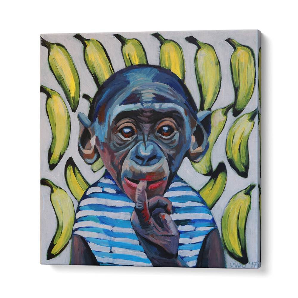 Vibrant BANANA CONTEMPLATION, COMIC POSTERS featuring a thoughtful monkey surrounded by bananas, perfect for comic art lovers.