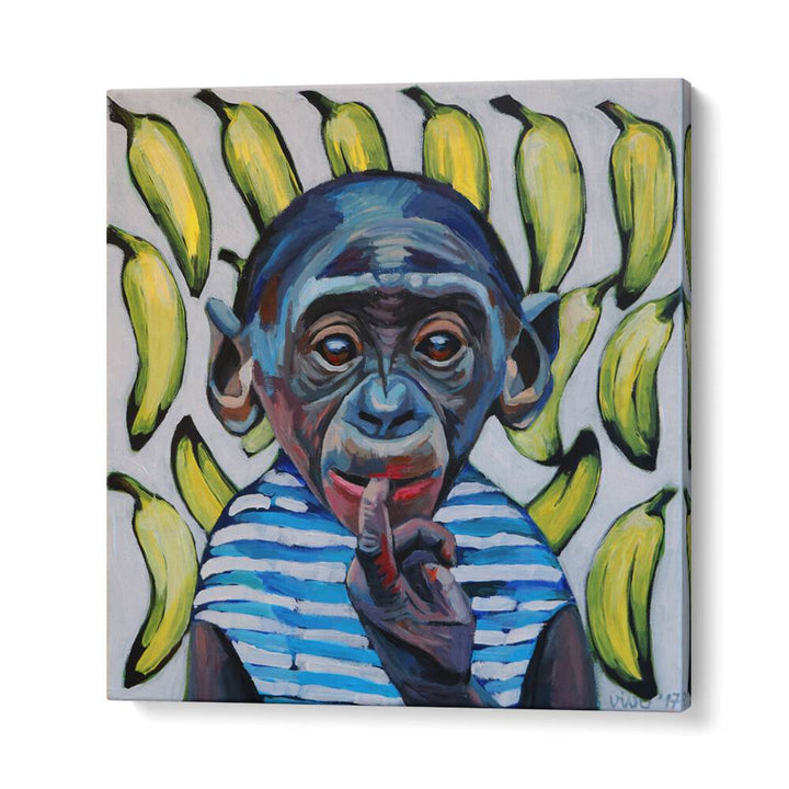 Vibrant BANANA CONTEMPLATION, COMIC POSTERS featuring a thoughtful monkey surrounded by bananas, perfect for comic art lovers.