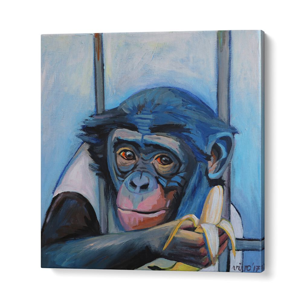 Colorful abstract artwork of a monkey holding a banana, perfect for fans of BANANA CONTEMPLATION II, COMIC POSTERS.