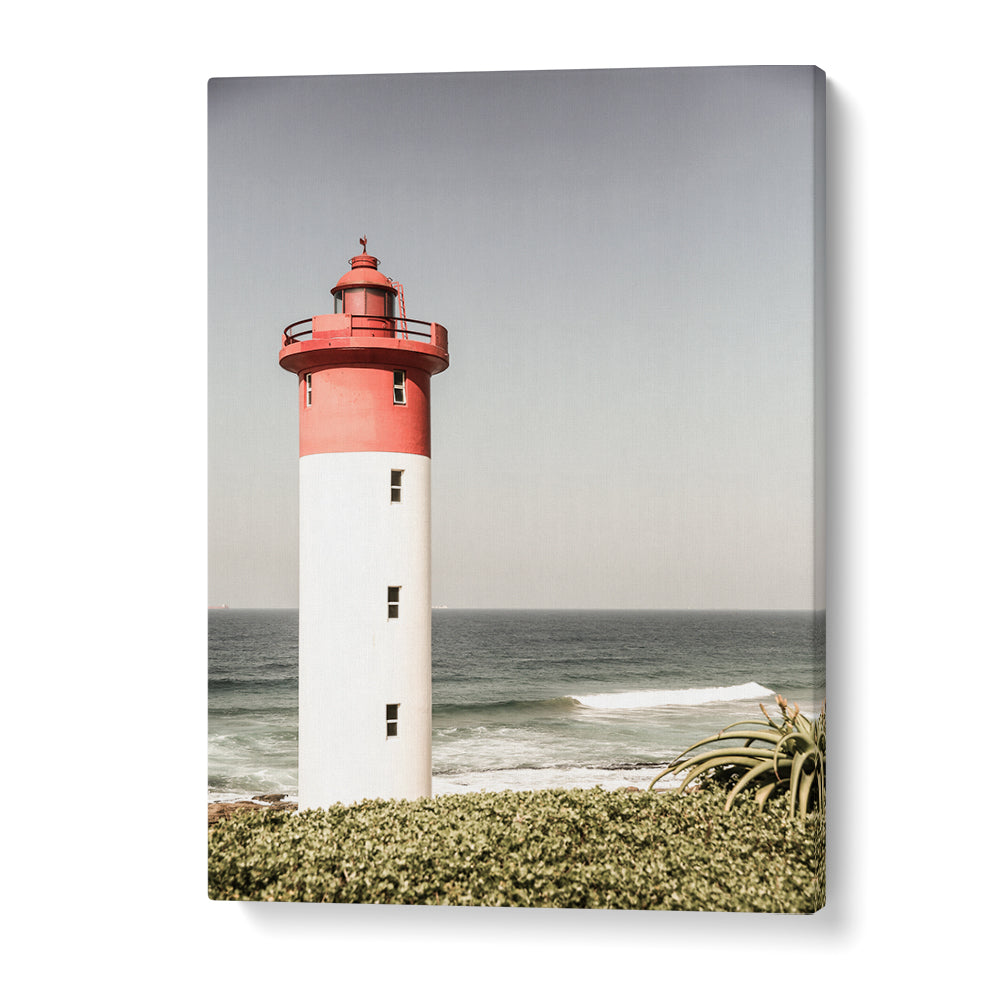Red and white lighthouse on shoreline with waves and coastal plants, BEACON BY THE SEA , BEACH PAINTINGS