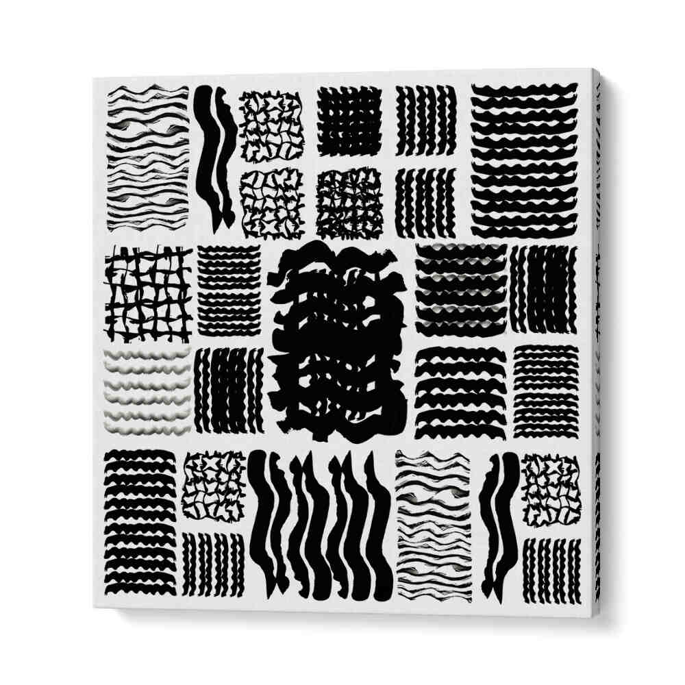 Stylish SQUIGGLE GRID II, GEOMETRIC ART PRINTS featuring intricate black and white patterns for contemporary decor.