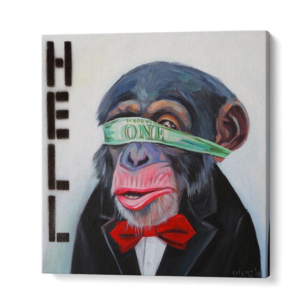 Vibrant BLINDED BY MONEY, COMIC POSTERS featuring a colorful monkey in a tuxedo, perfect for comic art enthusiasts.