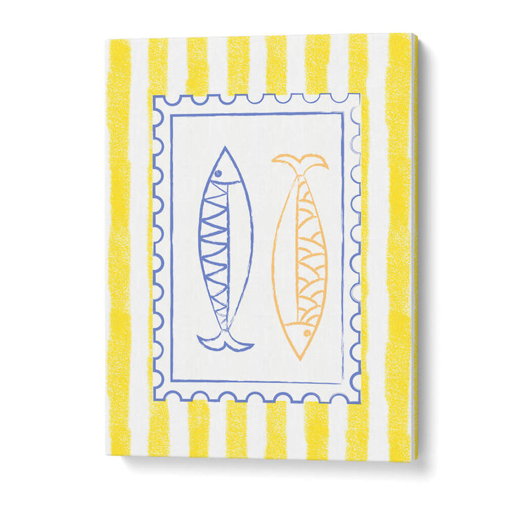 FISH STAMP ON YELLOW STRIPES , KITCHEN POSTERS