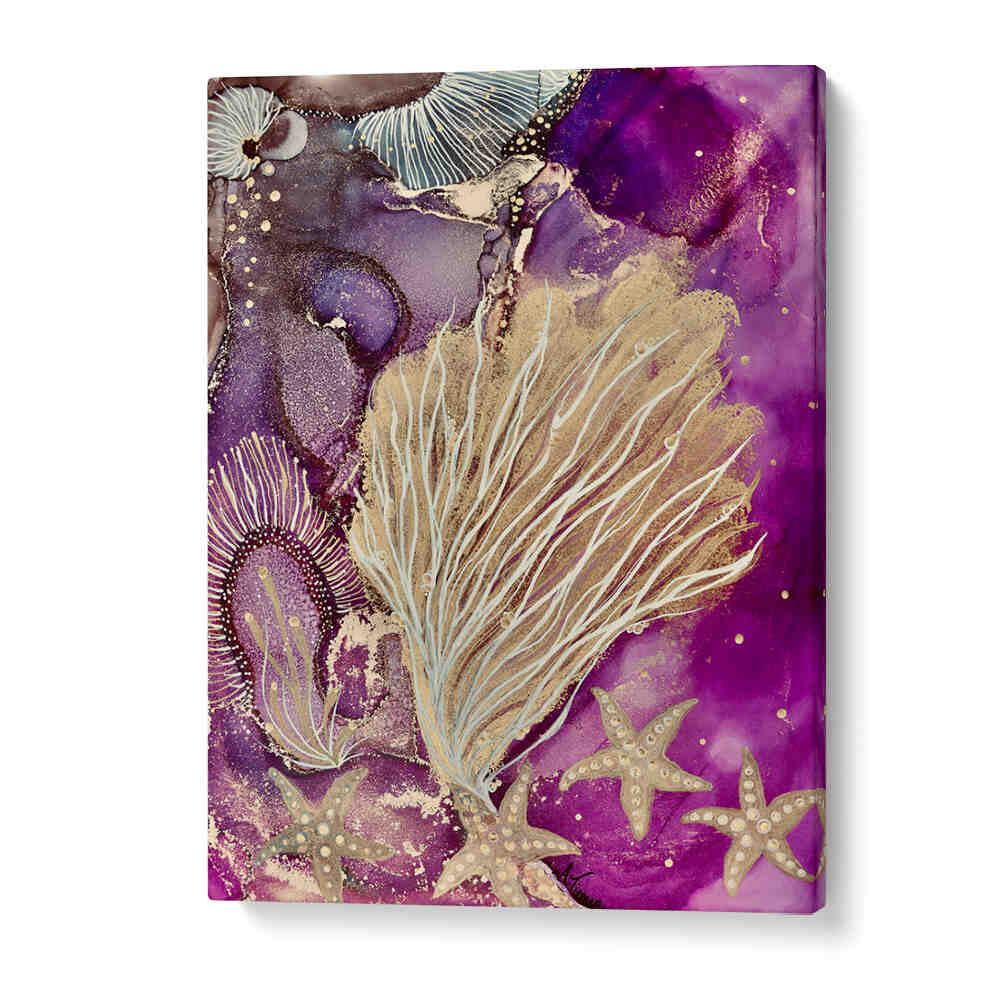 Vibrant BLUSHING REEF, BEACH PAINTINGS showcasing coastal beauty with gold accents, perfect for home decor.