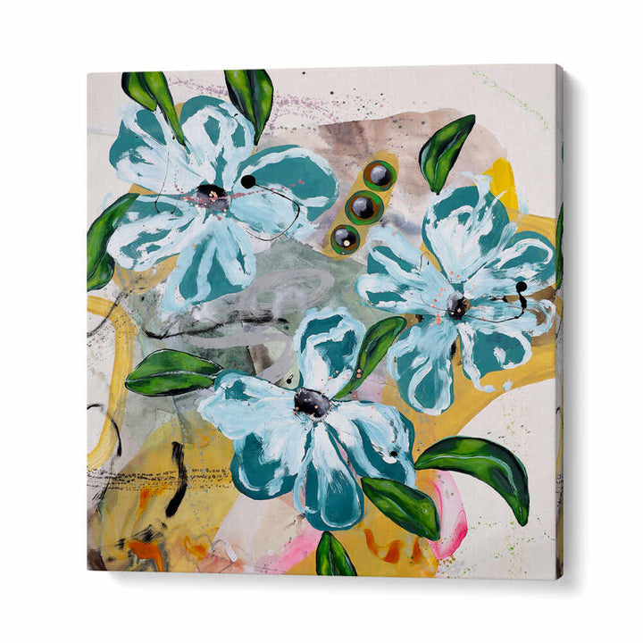 BOLD BLUE AND GREEN FLOWERS , FLORAL FLOWER PAINTINGS