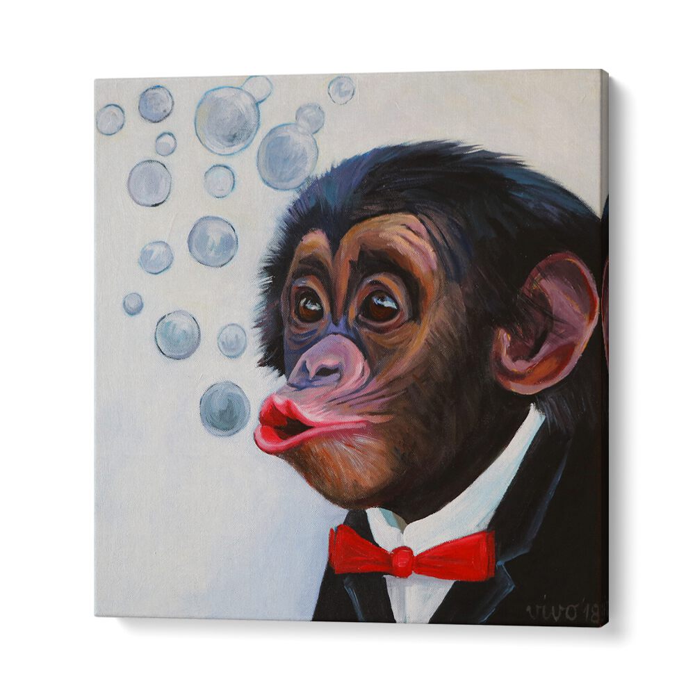 Bubbly Chimp Fancy Comic Posters showcase a charming chimp in a tuxedo, bursting with personality and fun.