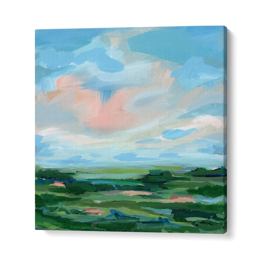Vibrant blue skies and green landscapes in the COME AWAY, ABSTRACT PAINTINGS, perfect for your home decor.