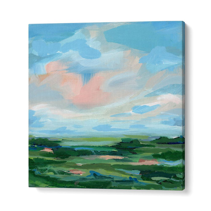 Vibrant blue skies and green landscapes in the COME AWAY, ABSTRACT PAINTINGS, perfect for your home decor.