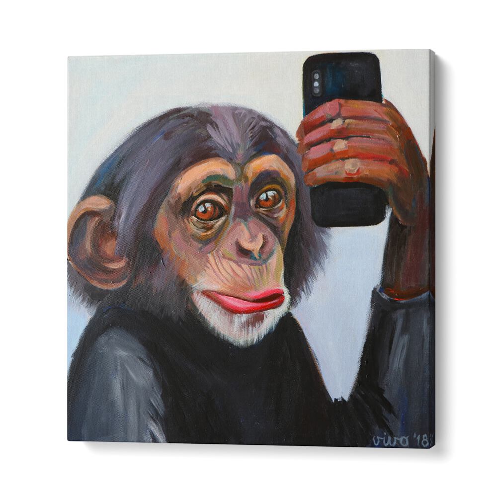 A charming chimp takes a selfie in the vibrant CHIMP'S SELFIE MOMENT, COMIC POSTERS, perfect for any art lover's space.