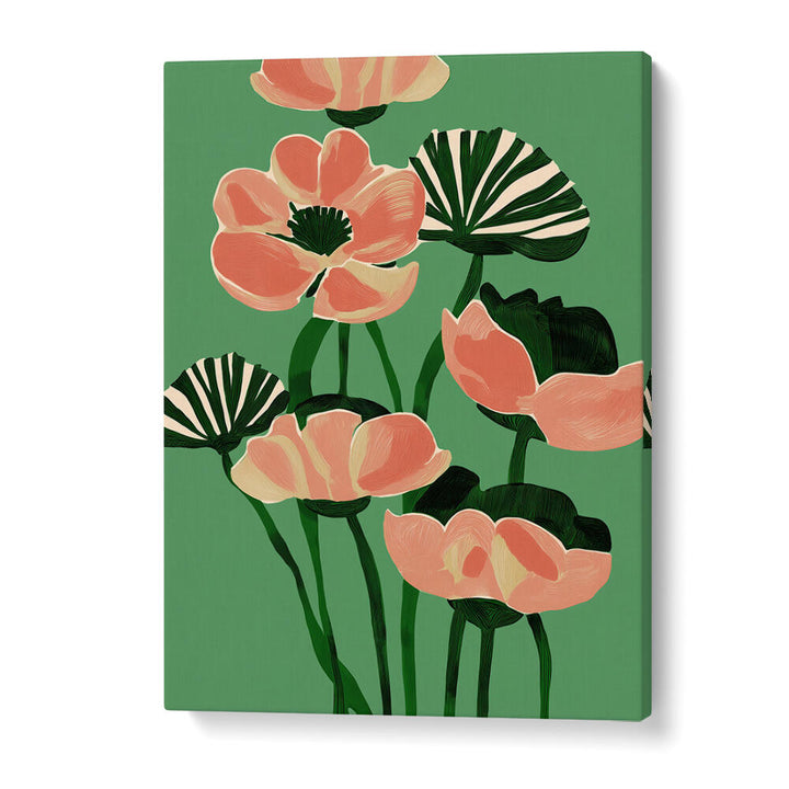 CORAL POPPIES ON GREEN , FLORAL FLOWER PAINTINGS