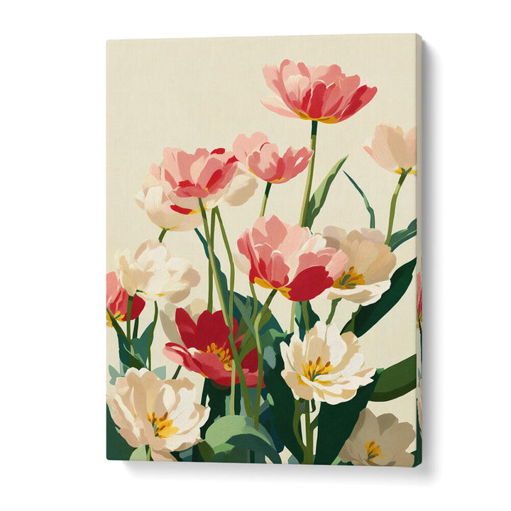 CORAL TULIPS IN BLOOM , FLORAL FLOWER PAINTINGS