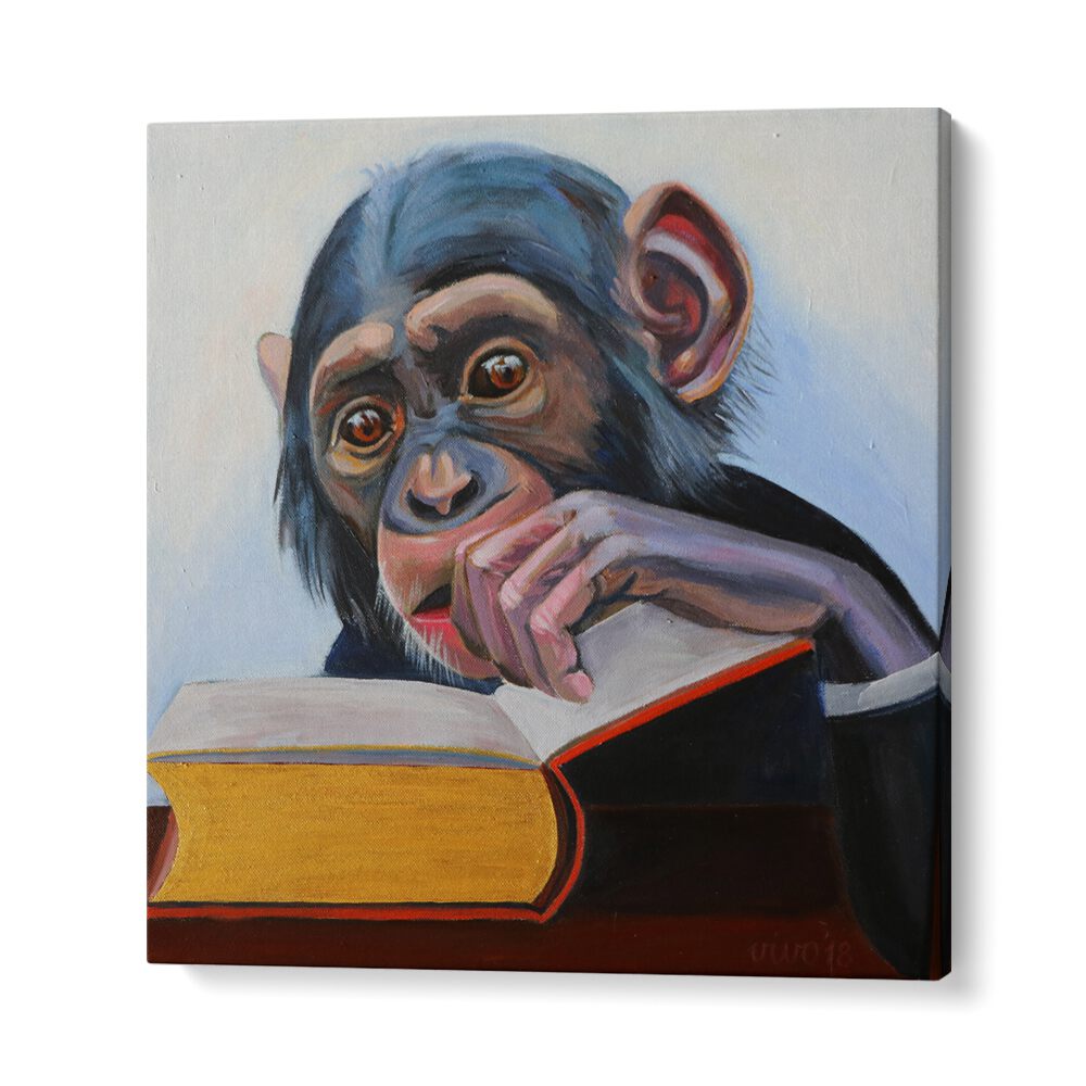Vibrant CURIOUS SCHOLAR, COMIC POSTERS featuring a thoughtful monkey reading, perfect for your wall art collection.