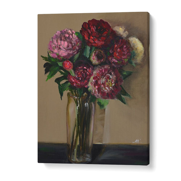 DARK RED PEONIES IN GLASS VASE