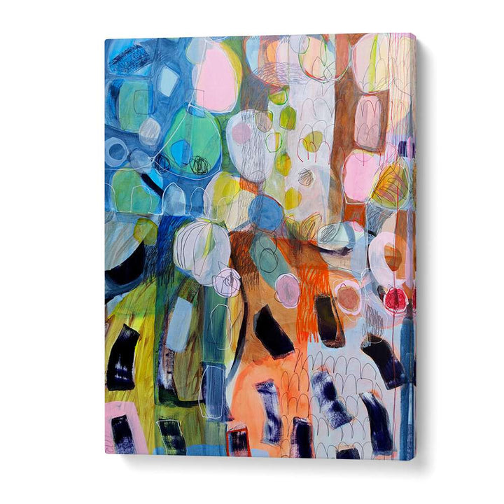 Colorful abstract acrylic painting, ELEMENTS ORGANISEES V, enhances any room with dynamic brushwork and earth tones.