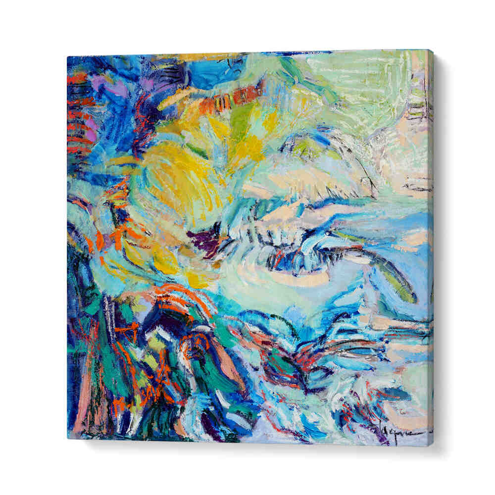 FLOWING HUES , ABSTRACT PAINTINGS canvas with swirling blue, yellow and teal brushstrokes on gallery wrap