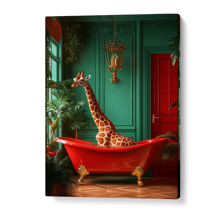 GIRAFFE IN THE BATHTUB TROPICAL ANIMALS , BATHROOM ART PRINTS