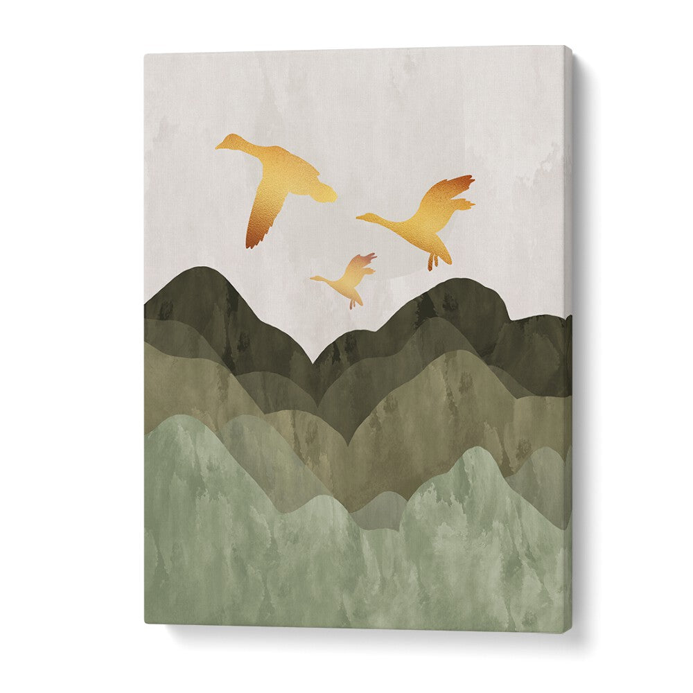 Golden birds flying over serene mountains, a stunning landscape painting perfect for your living space.