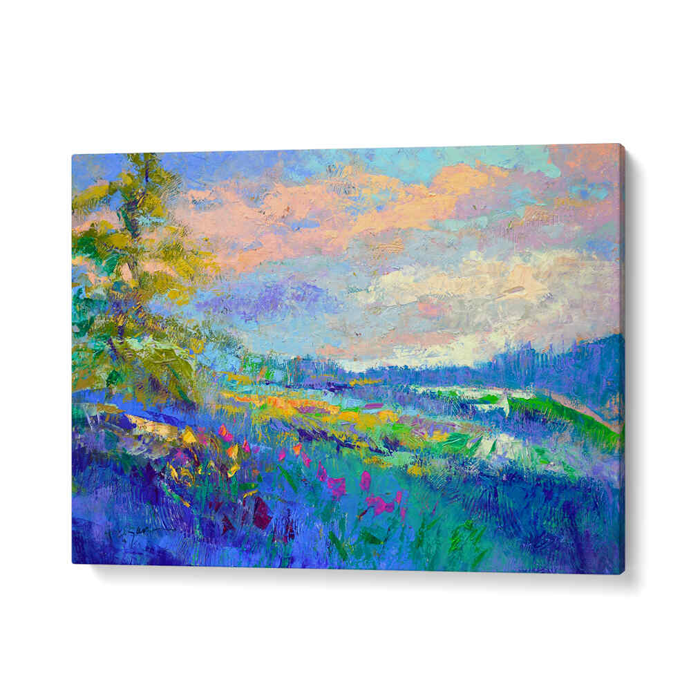 GalleryWrap IMPRESSIONIST , LANDSCAPE PAINTINGS: vibrant meadow and tree under pastel sky, textured brushstrokes