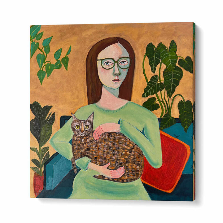 LADY WITH HER CAT IN LOUNGEROOM , PORTRAITS & FIGURATIVE ILLUSTRATIONS