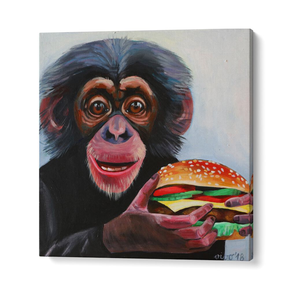 Whimsical MONKEY HOLDING A HAMBURGER, COMIC POSTERS perfect for vibrant comic book decor. Ideal for playful art lovers!