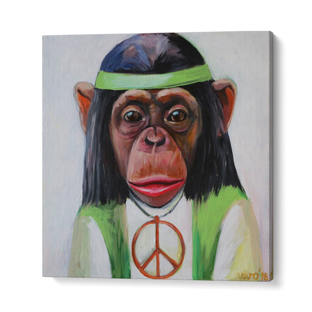 Vibrant artwork of a monkey with a peace sign, featured in the PEACEFUL PRIMATE VIBE, COMIC POSTERS collection.