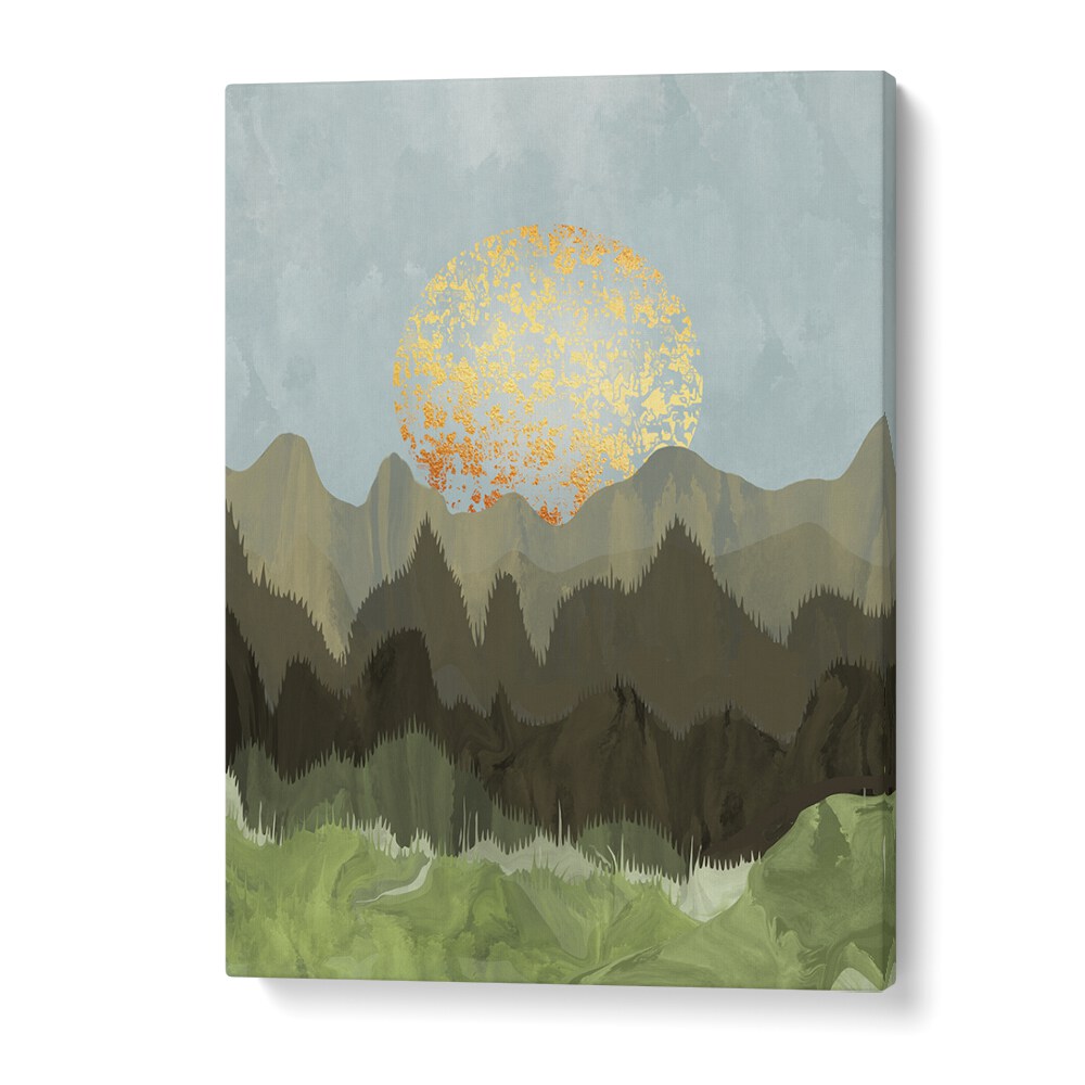 Stunning MOUNTAIN VIEW, LANDSCAPE PAINTINGS showcasing serene mountains and a golden sun, perfect for any outdoor lover's decor.