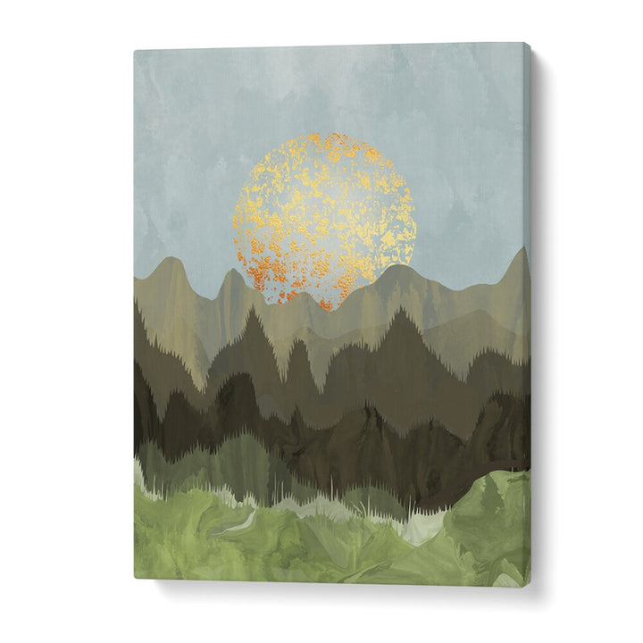 Stunning MOUNTAIN VIEW, LANDSCAPE PAINTINGS showcasing serene mountains and a golden sun, perfect for any outdoor lover's decor.