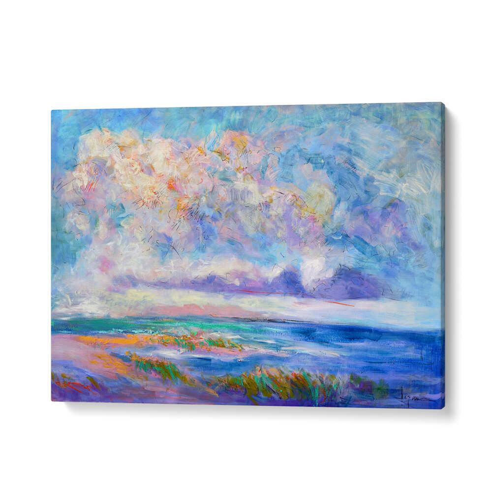 GalleryWrap NATURE INSPIRED , LANDSCAPE PAINTINGS vibrant coastal seascape with pastel clouds, shoreline and dune grasses