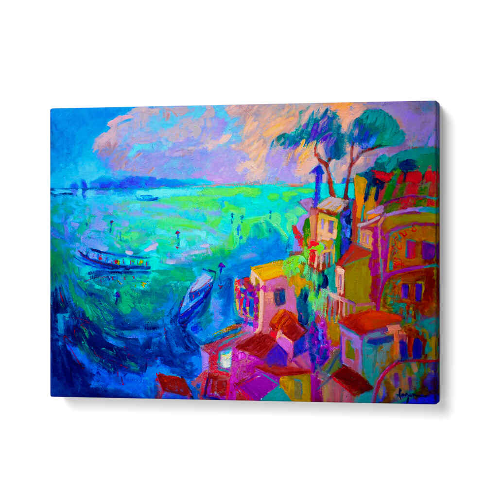 GalleryWrap NATURE INSPIRED LANDSCAPE II , LANDSCAPE PAINTINGS — vibrant coastal village with boats and textured seascape