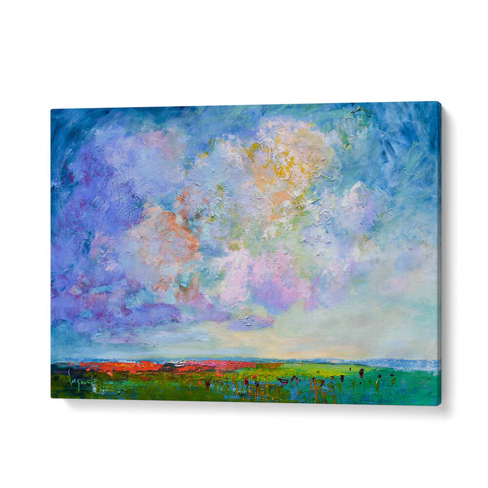 NATURE’S BEAUTY , LANDSCAPE PAINTINGS: vibrant pastel cloudscape over green meadow, gallery-wrapped canvas home decor