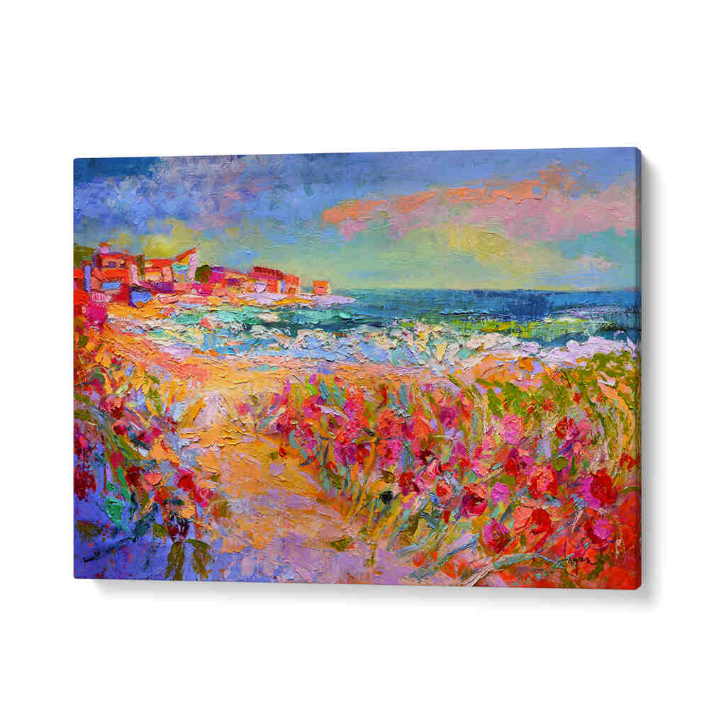 NATURE’S VIVID BEAUTY , LANDSCAPE PAINTINGS GalleryWrap, vivid coastal landscape with wildflowers, sea and pastel sky