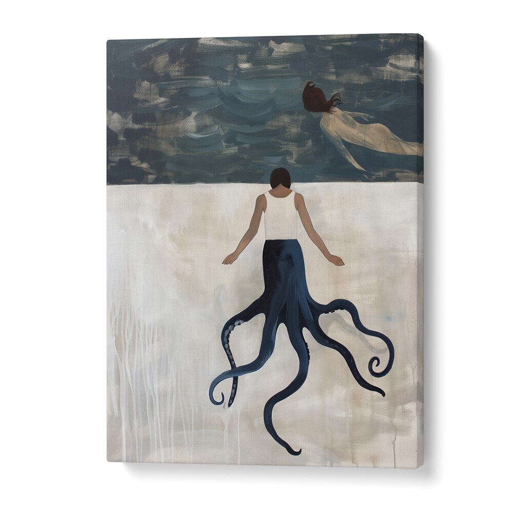 Whimsical OCTOPUS MAID, BEACH PAINTINGS art piece featuring a figure with octopus tentacles by the shore.