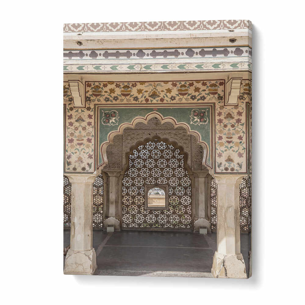 ORNATE ARCHWAY , INDIAN ART PAINTINGS featuring carved jali screen, scalloped arch and painted floral frescoes