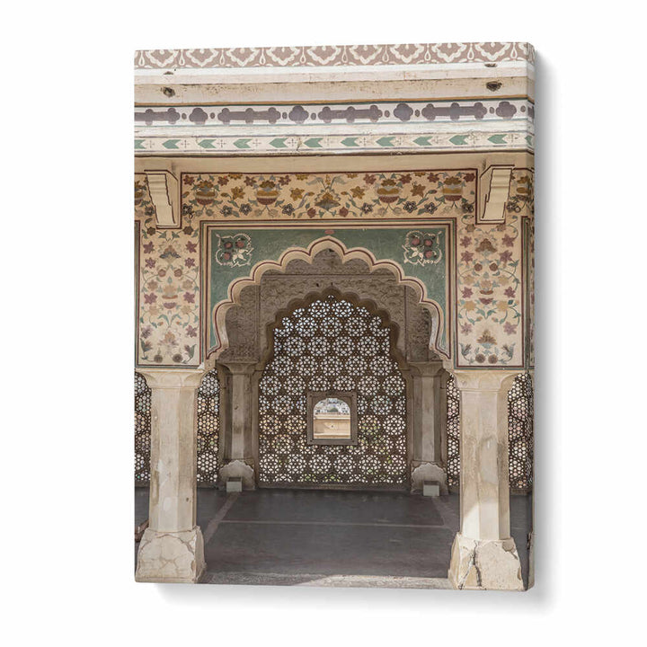 ORNATE ARCHWAY , INDIAN ART PAINTINGS featuring carved jali screen, scalloped arch and painted floral frescoes