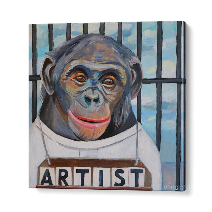 Vibrant PRIMATE PORTRAITURE, COMIC POSTERS featuring a playful chimpanzee, perfect for art enthusiasts.