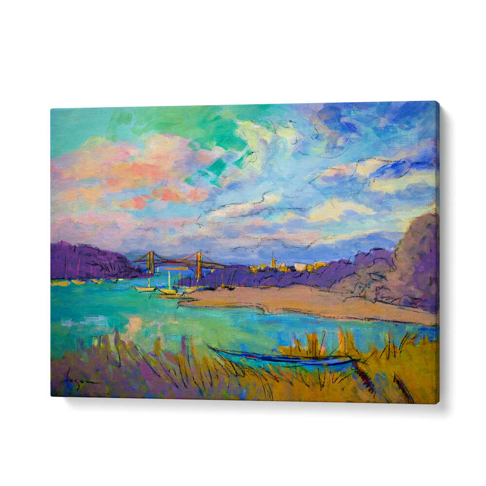 SERENE RIVER SKIES , LANDSCAPE PAINTINGS by Gallery Wrap — riverside scene with boats, bridge and open skies