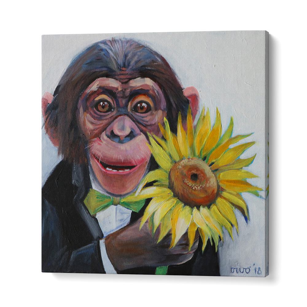 Cheerful monkey holds a sunflower in the SUNFLOWER SURPRISE, COMIC POSTERS, perfect for comic art enthusiasts.