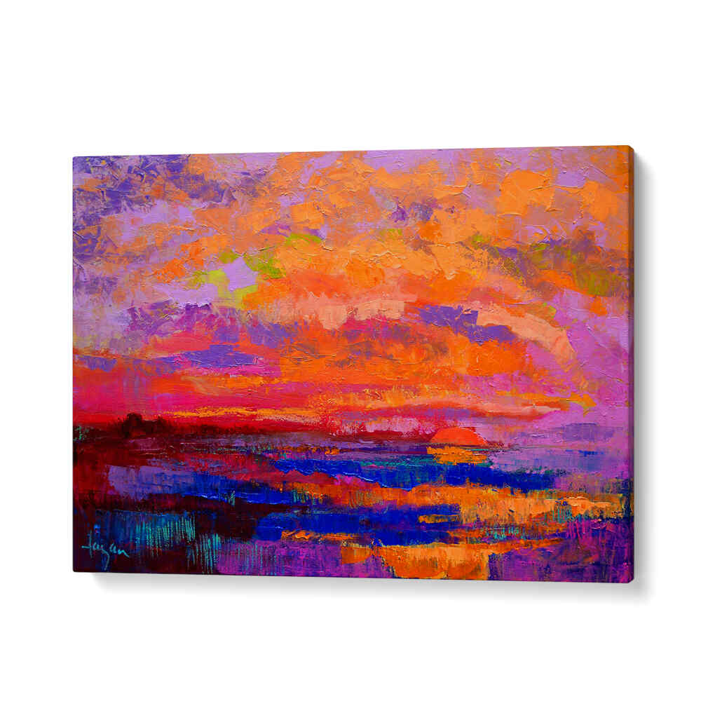 SUNSET HUES , LANDSCAPE PAINTINGS gallery wrap canvas by GalleryWrap, textured dusk landscape in vibrant orange, pink and purple