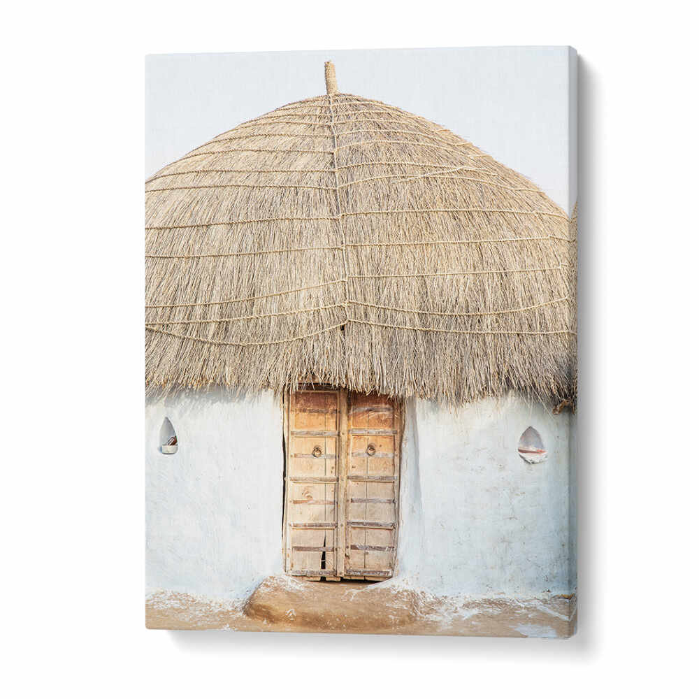THATCHED HAVEN , INDIAN ART PAINTINGS showing rustic thatched hut with weathered wooden door on whitewashed wall
