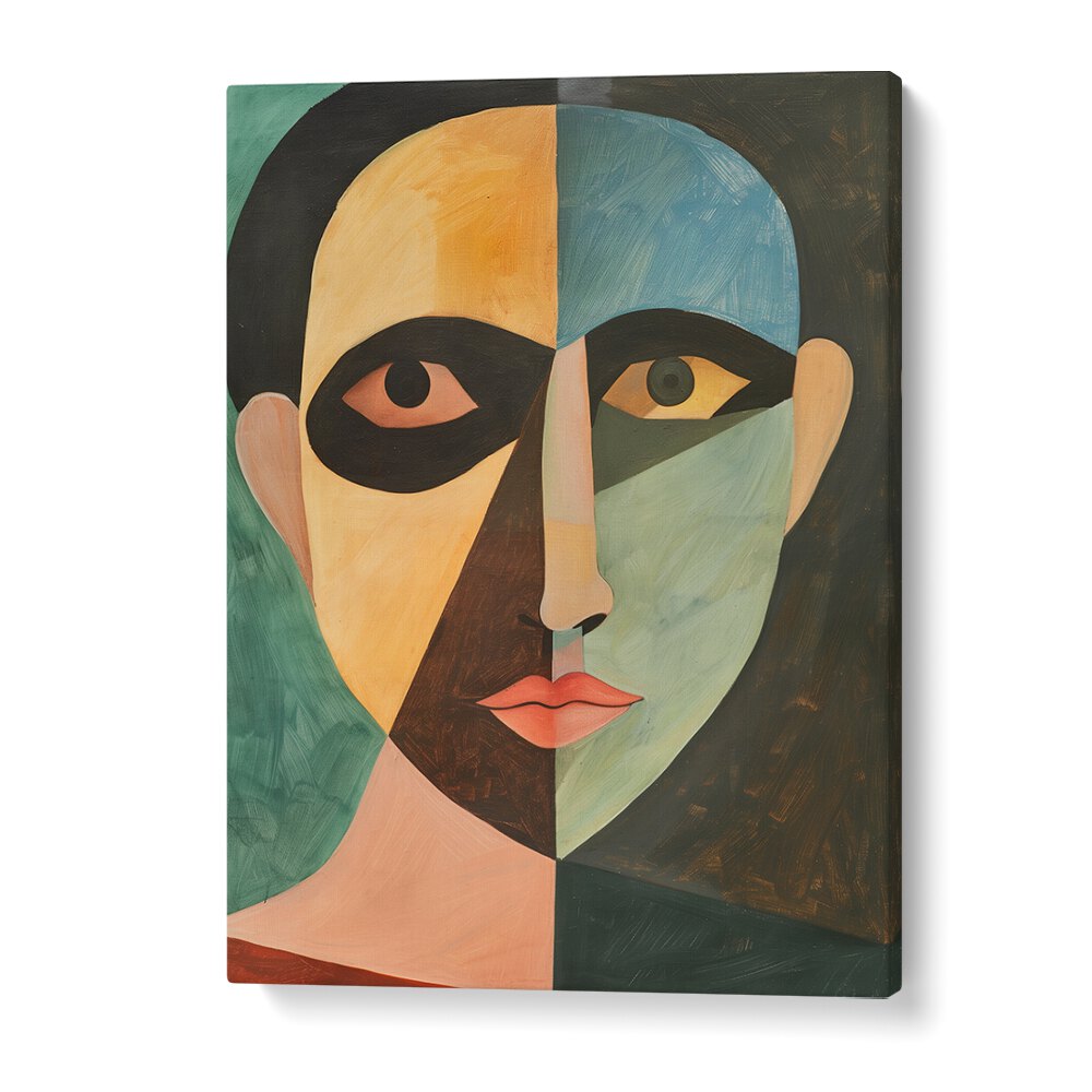 Colorful abstract portrait titled "THE MAN IN GREEN , PORTRAITS," showcasing unique artistic expression.