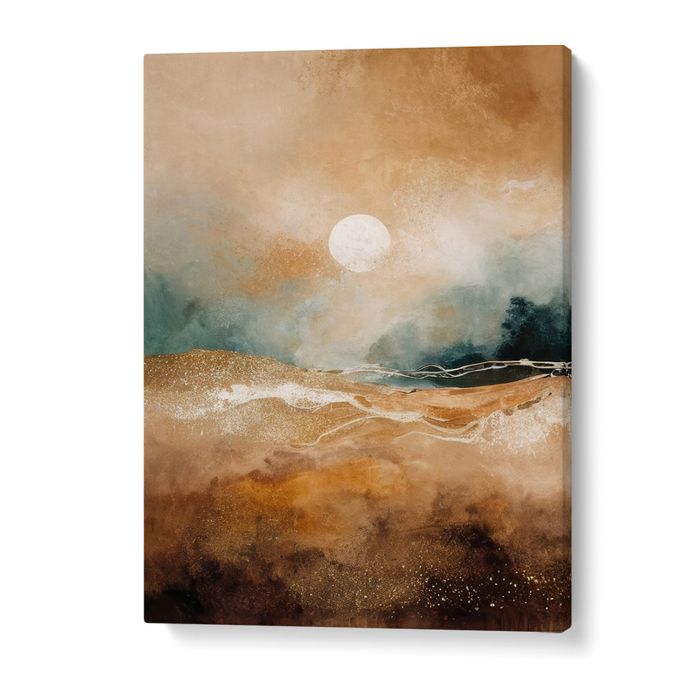 Tranquil Sunrise Over Misty Hills, abstract paintings capturing serene dawn over misty rolling hills. Perfect for any decor.