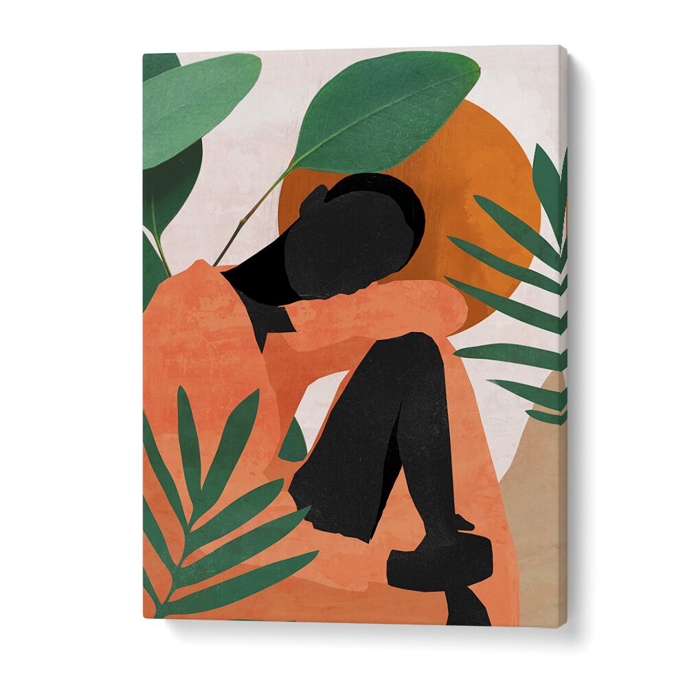 Vibrant foliage surrounds the TROPICAL GIRL SHAPE II, PORTRAITS, showcasing abstract emotional expressions.