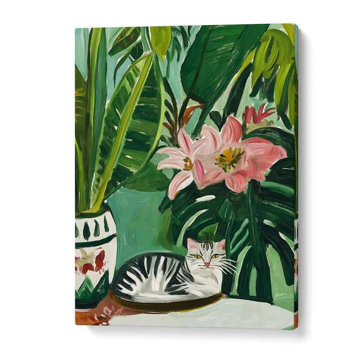 TROPICAL MUSE WITH CAT , FLORAL FLOWER PAINTINGS