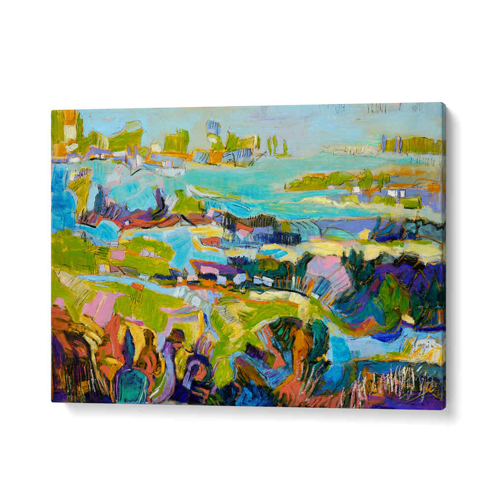 VIBRANT LANDSCAPE , LANDSCAPE PAINTINGS gallery-wrap canvas showing bold abstract coastal fields with vivid blues and greens