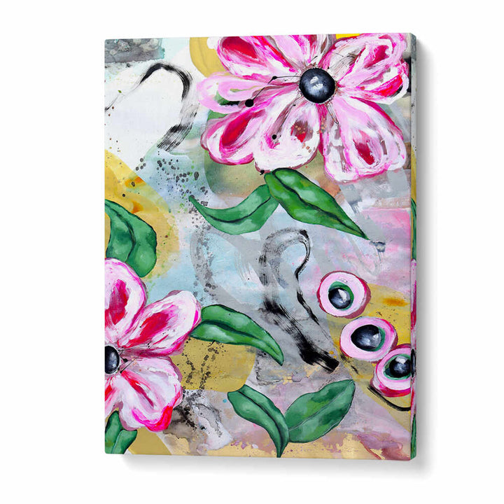 VIBRANT PINK FLOWERS AND GREEN LEAVES , FLORAL FLOWER PAINTINGS