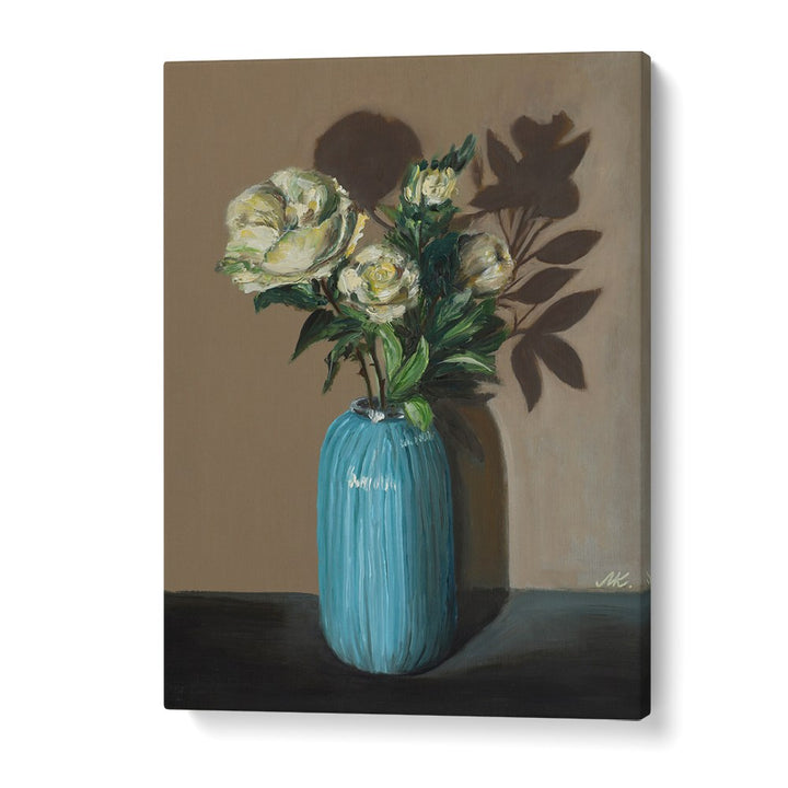 WHITE PEONIES IN BLUE VASE