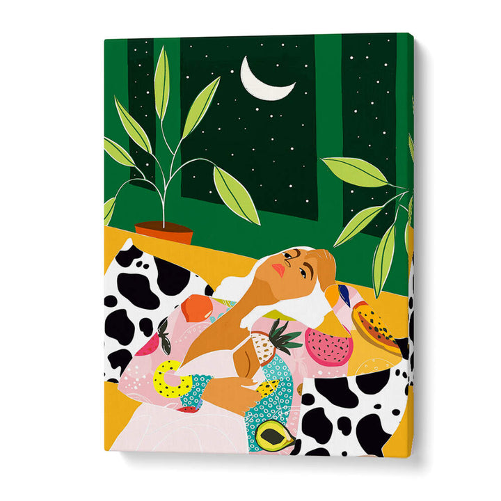 WOMAN RELAXING UNDER A CRESCENT MOON , FASHION POSTERS